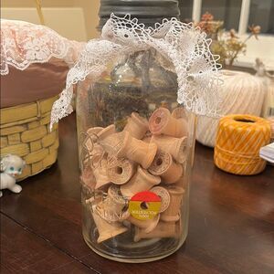 Vintage large Ball Glass Jar with Wooden Spools and Lace